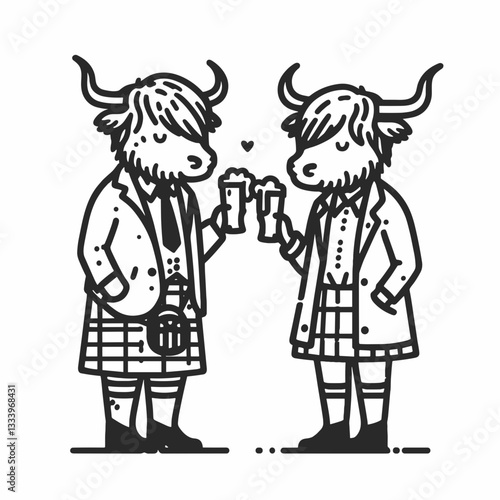 Highland Cow Couple drink beer minimalist vector illustration a festive Christmas holiday scene