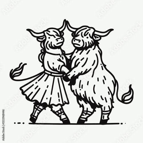 Highland Cow Couple Dancing Together a whimsical minimalist silhouette graphic of a romantic bovine ballet