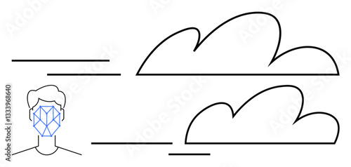 Outlined human face with facial recognition pattern linked to two abstract cloud icons representing data analysis, AI, and technology. Ideal for AI, technology, cloud computing, facial recognition