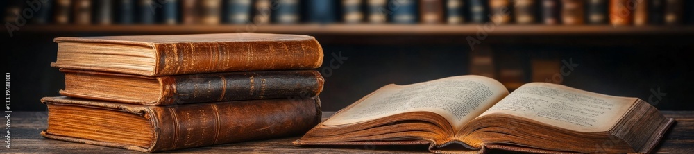 A collection of old leather-bound books stacked together on a desk with an open journal resting beside them. Generative AI A collection of old leather-bound books stacked together on a desk with an open journal resting beside them. Generative AI