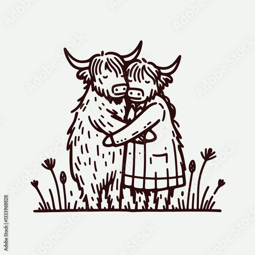 Highland Cow Couple Classic Embrace minimalist vector drawing a loving bovine pair in a gentle embrace