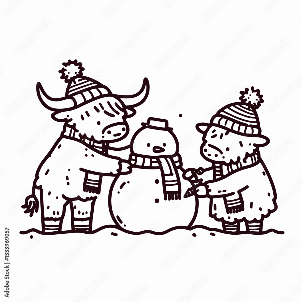 Highland Cow Couple Building a snowman; a simple monochrome vector graphic depicts their winter fun. Highland Cow Couple Building a snowman; a simple monochrome vector graphic depicts their winter fun.