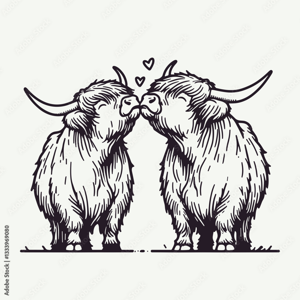 Fototapeta premium Highland Cow Couple Blowing kisses to each other minimalist vector graphic shows a loving bovine pair.