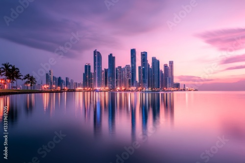 A city skyline at dusk, with the lights of skyscrapers beginning to glow as the sky transitions from pink to deep purple