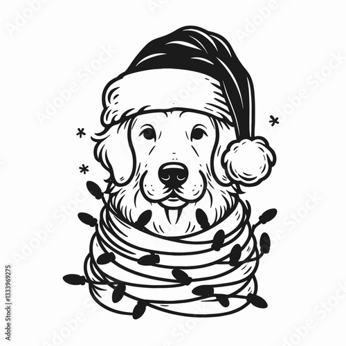 Golden Retriever Dog wearing a Santa hat wrapped with Christmas lights vector graphic a festive pup portrait