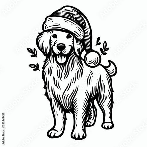 Golden Retriever Dog wearing a Santa hat on its pelvis a simple vector graphic shows a festive pup.