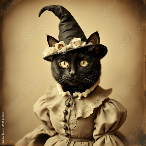Black cat with a witch hat vintage portrait 