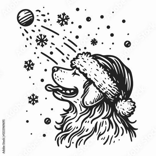 Golden Retriever Dog wearing a Santa hat throws snowballs a minimalist vector graphic of a festive pup playing in the snow
