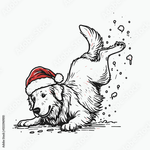 Golden Retriever Dog wearing a Santa hat slipping on ice and falling vector graphic a hilarious winter mishap