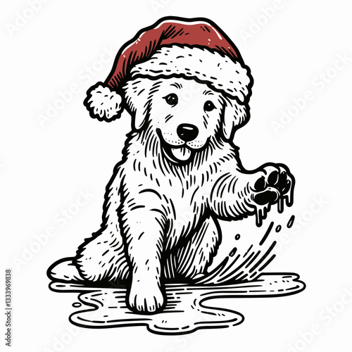 Golden Retriever Dog wearing a Santa hat slipping on ice and falling vector graphic a hilarious Christmas card design