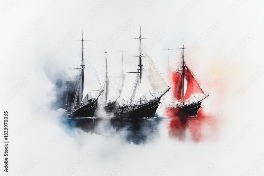 Obraz premium A clean composition of a fleet of ships in formation on calm waters, illustrated with simple outlines and a muted, pastel palette