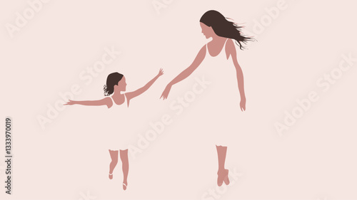 Digital illustration depicting a mother and daughter, both dressed in white tutus,  in a ballet-like pose. The style is minimalist with a soft pink background featuring subtle light streaks.  The