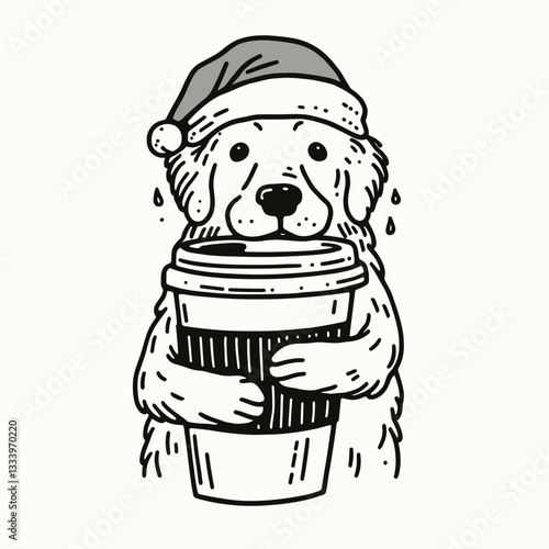 Golden Retriever Dog wearing a Santa hat hugs a huge coffee cup a minimalist vector drawing