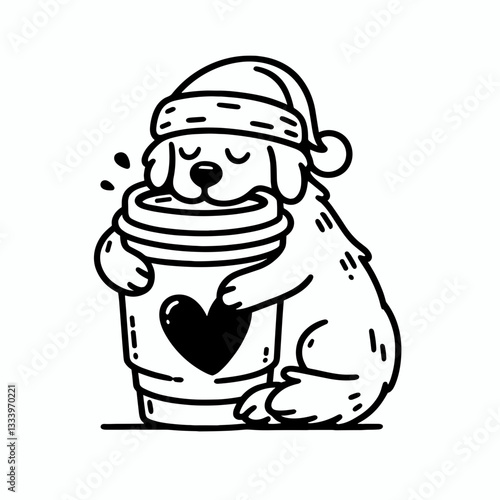 Golden Retriever Dog wearing a Santa hat hugs a huge coffee cup a simple monochrome vector drawing