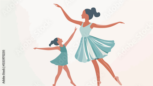 A digital illustration depicts a mother and daughter, both dressed in teal ballet dresses and pointe shoes.  The mother is taller and positioned slightly behind her daughter, both are in dynamic