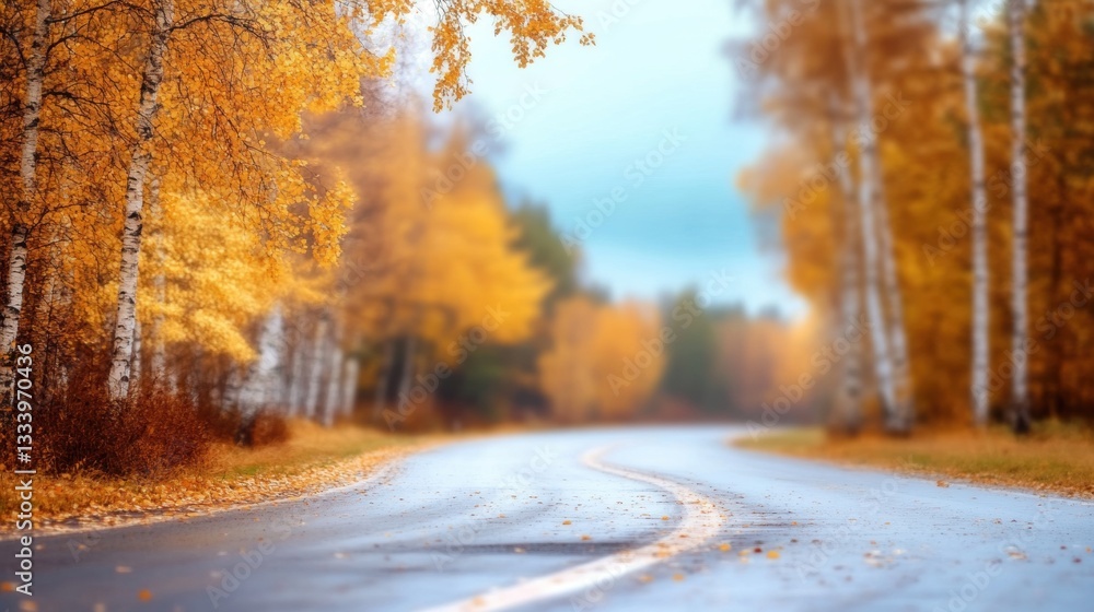 Fototapeta premium A curvy road is surrounded by bright yellow foliage under a cloudy sky during a tranquil autumn day with light rain