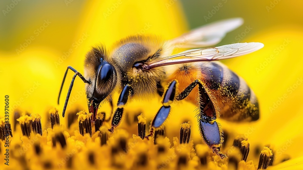 Naklejka premium World bee day with nature and sustainability idea. Close-up of a bee on a vibrant yellow flower.