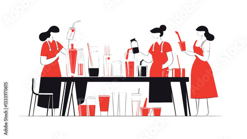 A minimalist vector illustration depicting five women in red dresses around a long black table. They appear to be preparing drinks, with various cocktail-making tools and cups visible. The style is