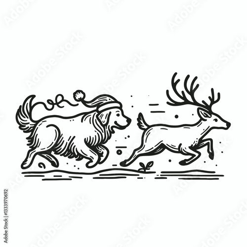 Golden Retriever Dog wearing a Santa hat chases a runaway reindeer a minimalist vector graphic illustration