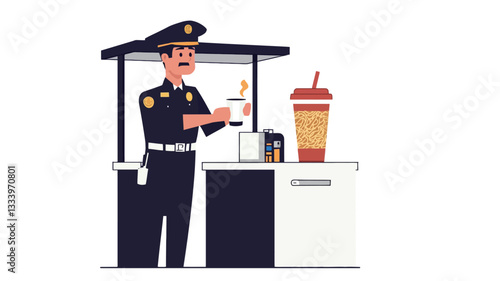 A vector illustration depicting a security officer in uniform standing behind a simple concession stand. The officer is holding a cup, and there is a soda cup visible on the counter. The style is