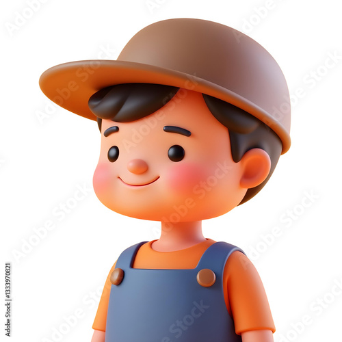 A cartoon asian boy, with a brown cap and orange t-shirt with blue overalls, white background