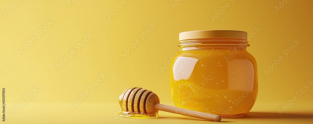 World bee day with nature and sustainability idea. Jar of honey with a wooden dipper on a yellow background. World bee day with nature and sustainability idea. Jar of honey with a wooden dipper on a yellow background.