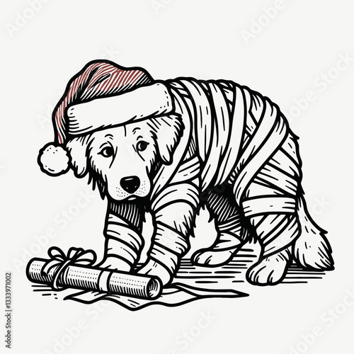 Golden Retriever Dog wearing a Santa hat accidentally wrapped in Christmas paper minimalist vector graphic shows a joyful pup