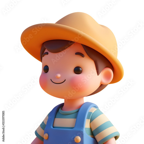 A caucasian boy, brown hair, wearing a yellow hat and blue overalls, isolated on white background