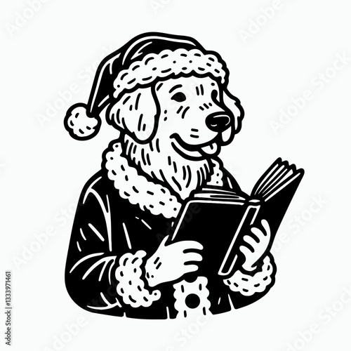 Golden Retriever Dog wearing Santa Claus costumes reads a book a simple vector graphic illustration of a festive canine