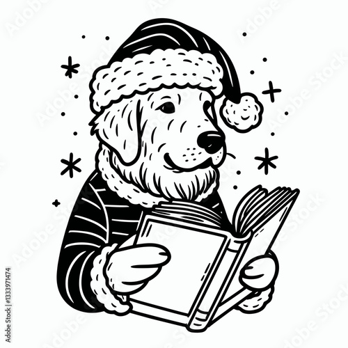 Golden Retriever Dog wearing Santa Claus costumes reading a book vector illustration a festive Christmas scene