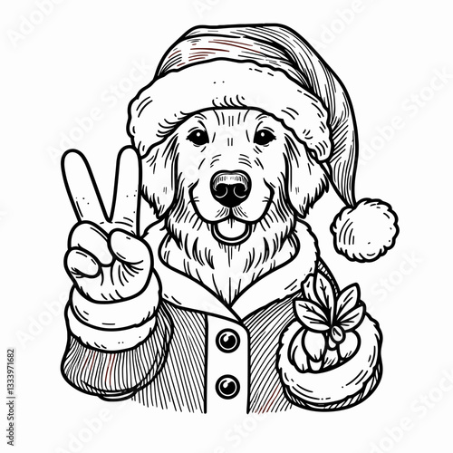 Golden Retriever Dog wearing Santa Claus costumes making a peace sign vector graphic simple minimalist illustration of a festive pup