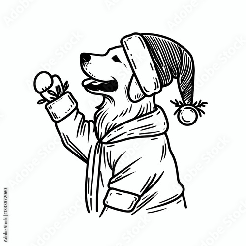 Golden Retriever Dog wear Santa Claus Costumes Hands Raised in Celebration vector illustration a joyful Christmas scene