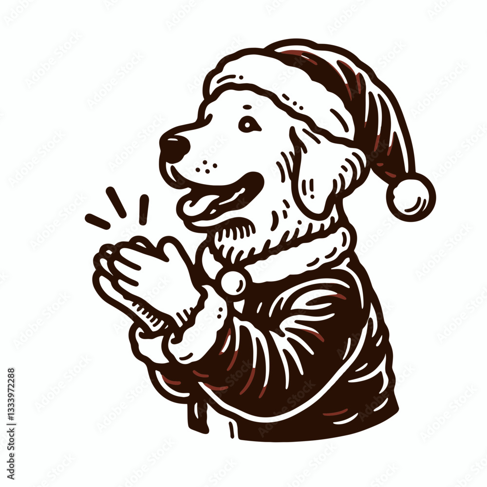 Golden Retriever Dog wear Santa Claus Costumes Clapping Hands vector graphic a jolly festive pup celebrating Christmas Golden Retriever Dog wear Santa Claus Costumes Clapping Hands vector graphic a jolly festive pup celebrating Christmas
