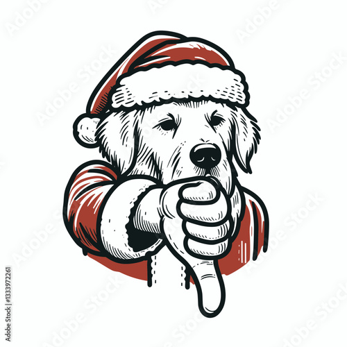 Golden Retriever Dog wearing Santa Claus costumes giving a thumbs down minimalist vector graphic depicting festive disapproval.