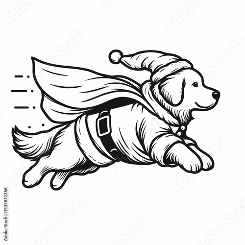 Golden Retriever Dog wearing Santa Claus costumes flying with a cape a minimalist vector graphic shows joyful holiday spirit