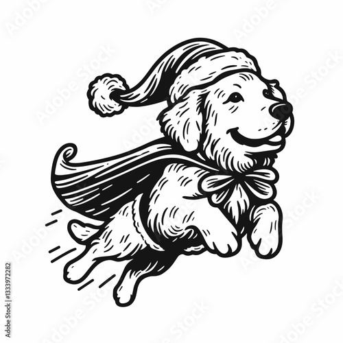 Golden Retriever Dog wearing Santa Claus costumes flying with a cape a minimalist vector graphic illustration of a joyful Christmas scene