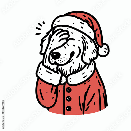 Golden Retriever Dog wear Santa Claus Costumes facepalm gesture minimalist vector graphic showing a silly Christmas pup
