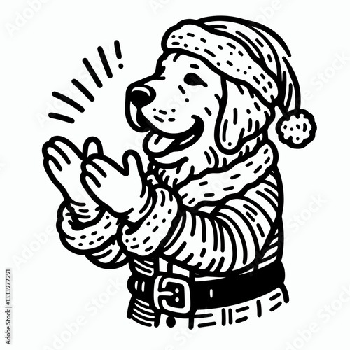 Golden Retriever Dog wearing Santa Claus costumes clapping hands a simple vector graphic of festive cheer