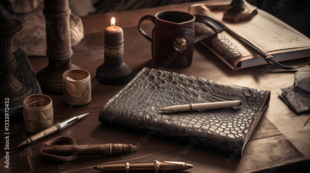 Luxurious Leather Journal and Writing Utensils on Antique Wooden Desk Luxurious Leather Journal and Writing Utensils on Antique Wooden Desk