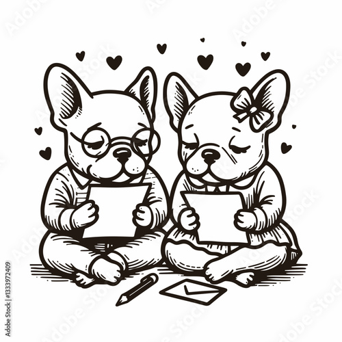 French Bulldog Couple writing love notes a minimalist vector drawing depicts their affectionate bond