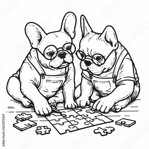 French Bulldog Couple working on a puzzle a minimalist vector outline drawing depicts their teamwork solving the intricate jigsaw.
