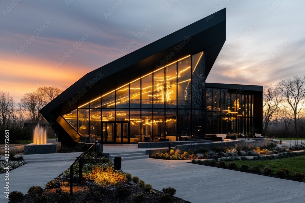 Obraz premium A community center with a contemporary facade, large glass windows, and open public spaces featuring seating areas and fountains