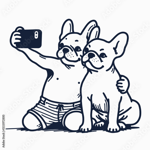 French Bulldog Couple taking silly pictures minimalist vector doodles illustrate a playful afternoon