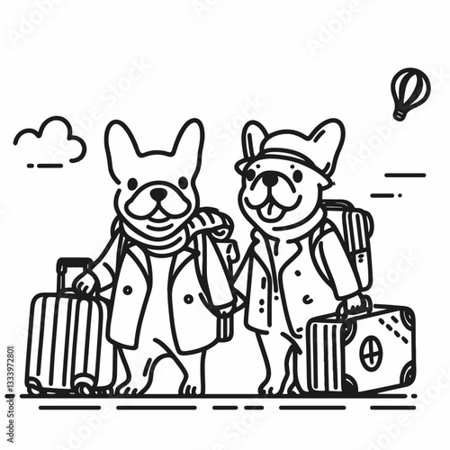 French Bulldog Couple taking a spontaneous trip minimalist vector illustration depicts their joyful adventure