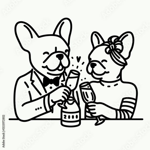 French Bulldog Couple toasting with champagne vector illustration a romantic minimalist silhouette celebrating love.