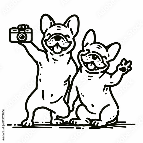 French Bulldog Couple taking silly pictures a minimalist vector drawing depicts playful pups posing goofily