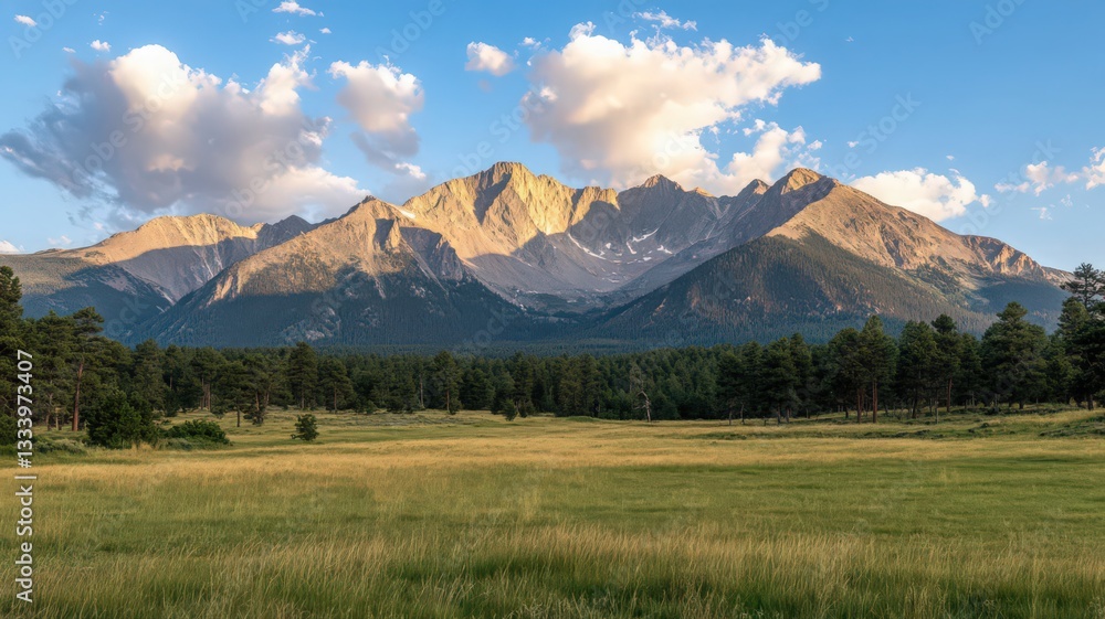 Fototapeta premium Golden Hour Mountain Range Panorama: Green Meadow and Majestic Peaks