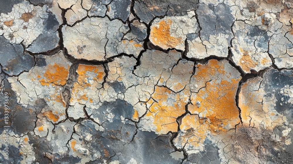 A close-up of cracked, textured surface showing a mix of gray, orange, and blue tones, highlighting natural weathering and erosion patterns. A close-up of cracked, textured surface showing a mix of gray, orange, and blue tones, highlighting natural weathering and erosion patterns.