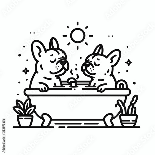 French Bulldog Couple sharing a hot tub vector silhouette: a romantic spa day for these pampered pups