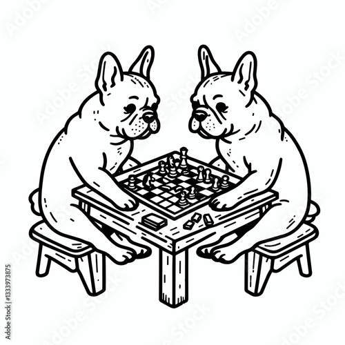 French Bulldog Couple playing board games vector silhouette flat mascot—a charming pastime for these playful pups.